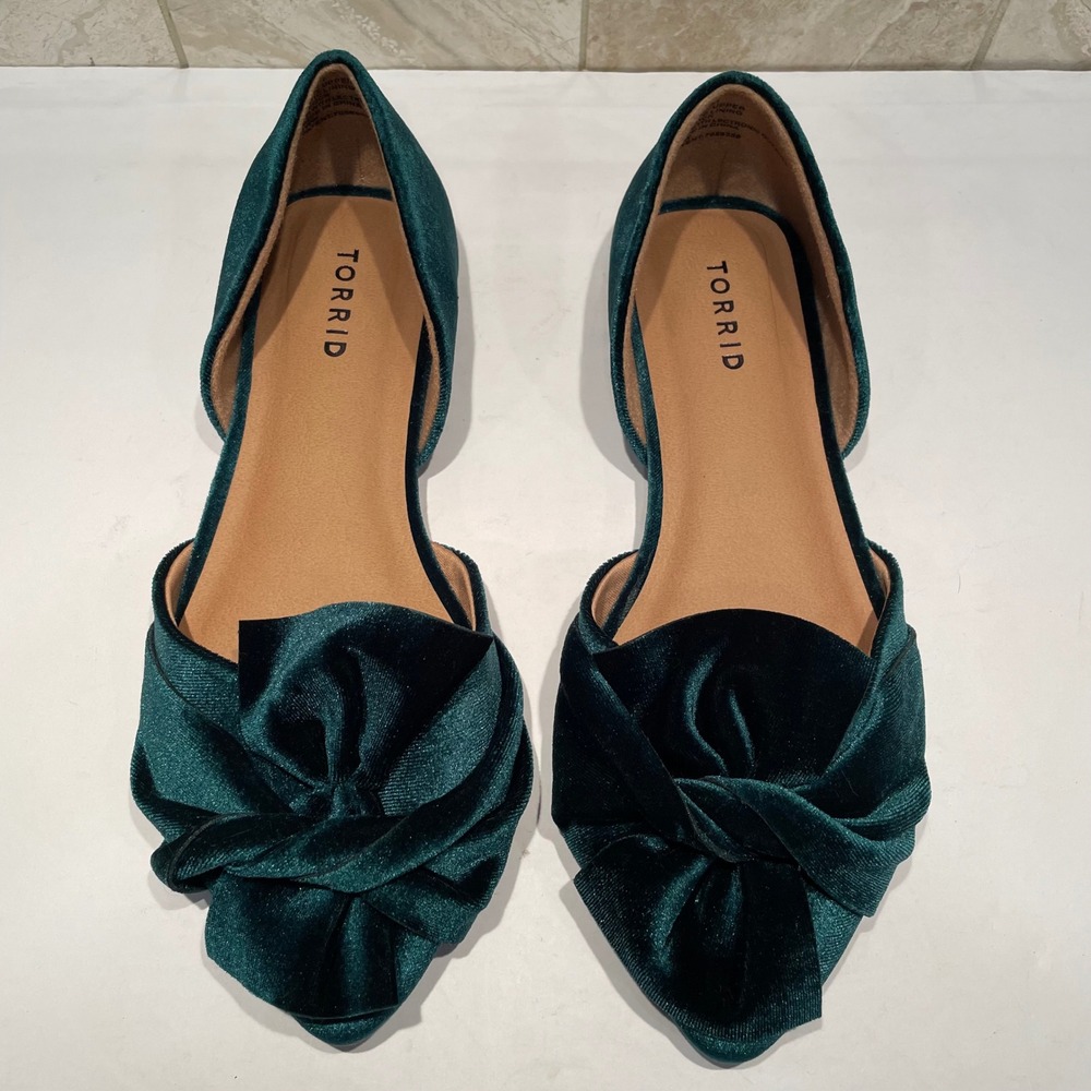 Torrid Emerald Green Velvet Bow D'Orsay Pointed Toe Flats Wide Width 9WW
